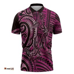 New Zealand Hammerhead Shark Zipper Polo Shirt Maori Haehae Mangopare Pink LT14
