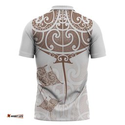 New Zealand Manta Ray Tattoo Zipper Polo Shirt Aotearoa Maori Haehae Beige LT14