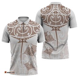 New Zealand Manta Ray Tattoo Zipper Polo Shirt Aotearoa Maori Haehae Beige LT14