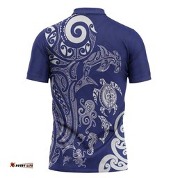 New Zealand Sea Animals with Maori Tribal Tattoo Zipper Polo Shirt Blue Color LT03