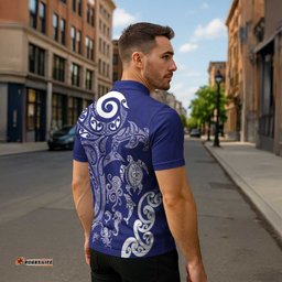 New Zealand Sea Animals with Maori Tribal Tattoo Zipper Polo Shirt Blue Color LT03