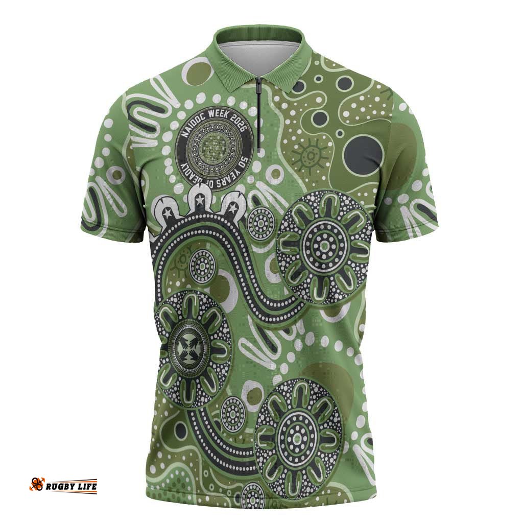 Personalised NAIDOC Week 50 Years Deadly Always Zipper Polo Shirt Green Aboriginal Artwork Dot Painting LT9