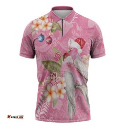 Joyful Pink Cockatoo Zipper Polo Shirt Australia Christmas Vibes LT9