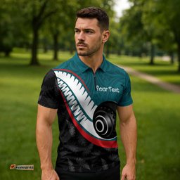 Personalised Aotearoa Lawn Bowls Zipper Polo Shirt Maori and Silver Fern Sporty Style Teal Color LT03