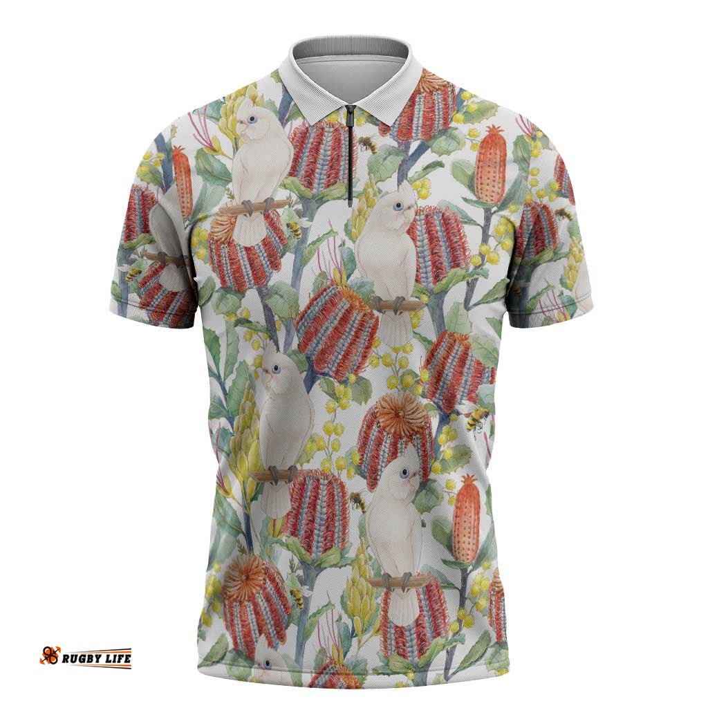 Little Corella Australia Cockatoo Zipper Polo Shirt Cacatua Sanguinea Banksia Seamless White LT14