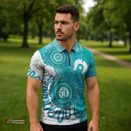 NAIDOC Week 2026 Zipper Polo Shirt 50 Years Deadly Dhari Cyan Aboriginal Art LT14