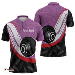 Personalised Aotearoa Lawn Bowls Zipper Polo Shirt Maori and Silver Fern Sporty Style Pink Color LT03