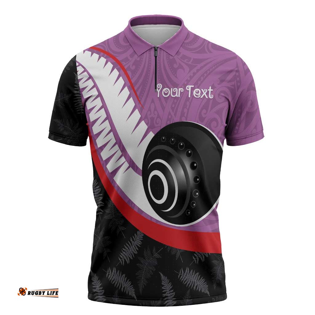 Personalised Aotearoa Lawn Bowls Zipper Polo Shirt Maori and Silver Fern Sporty Style Pink Color LT03