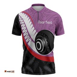 Personalised Aotearoa Lawn Bowls Zipper Polo Shirt Maori and Silver Fern Sporty Style Pink Color LT03