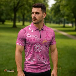 Pink Ribbon Australia Zipper Polo Shirt Breast Cancer Awareness Aboriginal Cacatua leadbeateri LT14