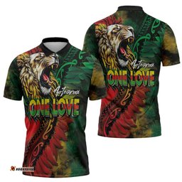 Aotearoa One Love Zipper Polo Shirt Reggae Lion with Kakahu Huruhuru LT03