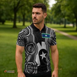 Torres Strait Islander Zipper Polo Shirt Flag Feather Headdress Indigenous Dotwork Tribal Art TS04