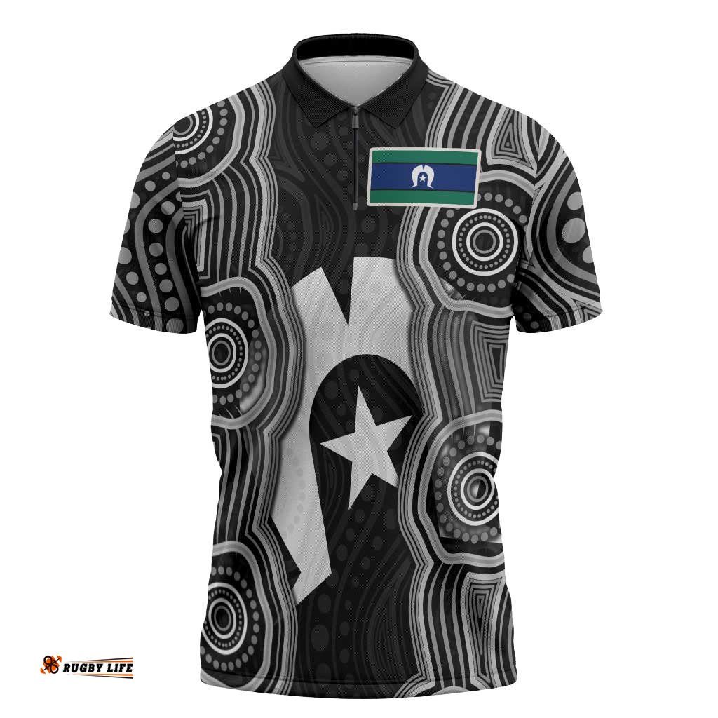 Torres Strait Islander Zipper Polo Shirt Flag Feather Headdress Indigenous Dotwork Tribal Art TS04