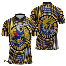 West Coast Eagles Zipper Polo Shirt Indigenous Monochrome Dot Art Mascot Style TS04