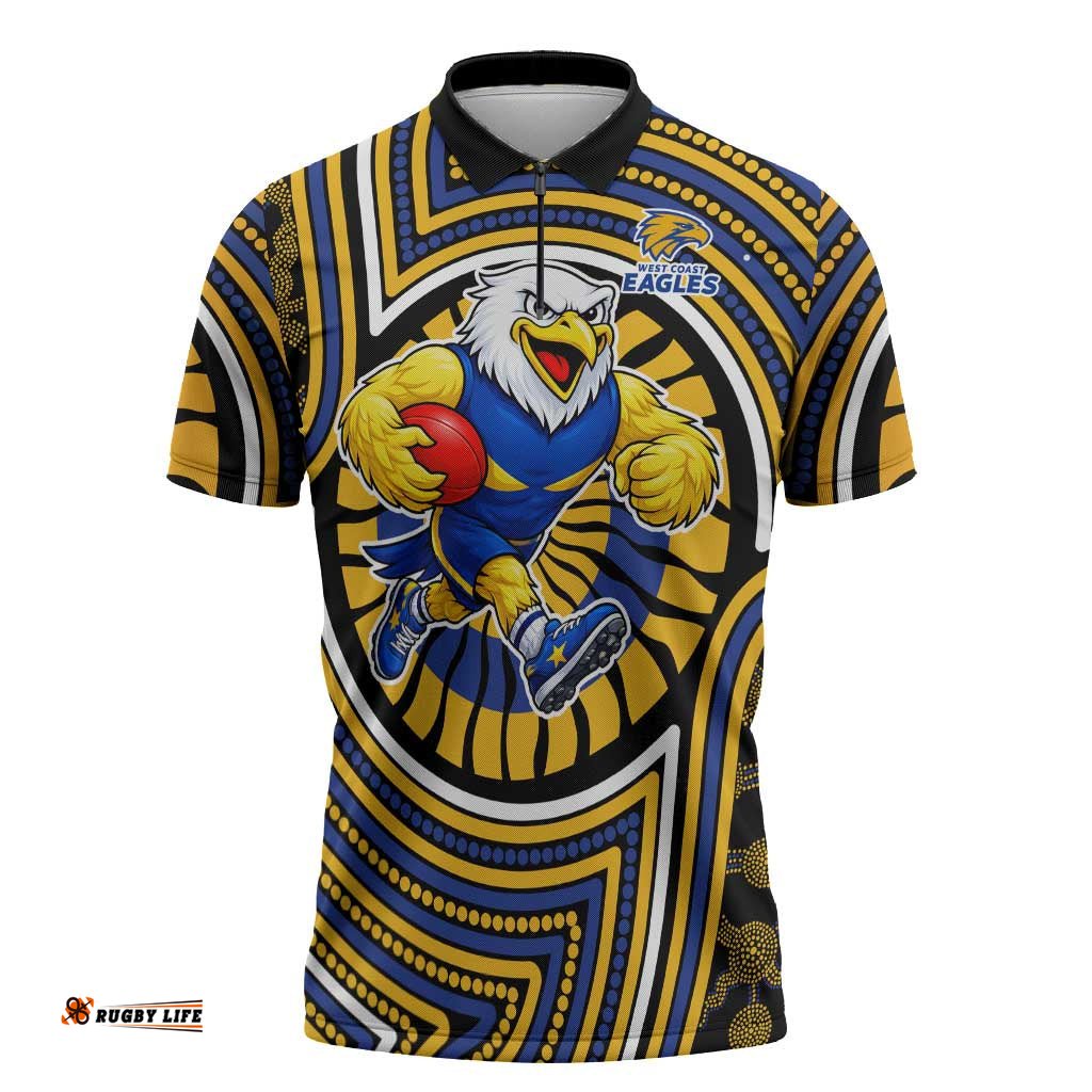 West Coast Eagles Zipper Polo Shirt Indigenous Monochrome Dot Art Mascot Style TS04