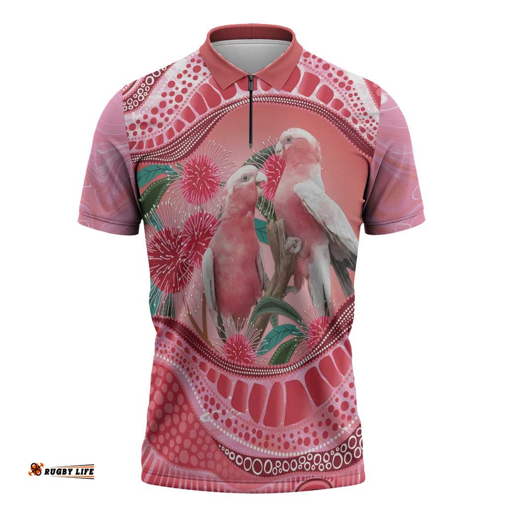 Indigenous Pink Galah Australia Zipper Polo Shirt Australian Hakea Aboriginal Art Proud LT14