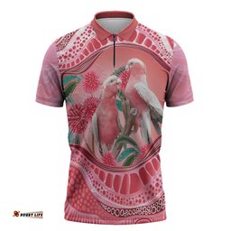 Indigenous Pink Galah Australia Zipper Polo Shirt Australian Hakea Aboriginal Art Proud LT14