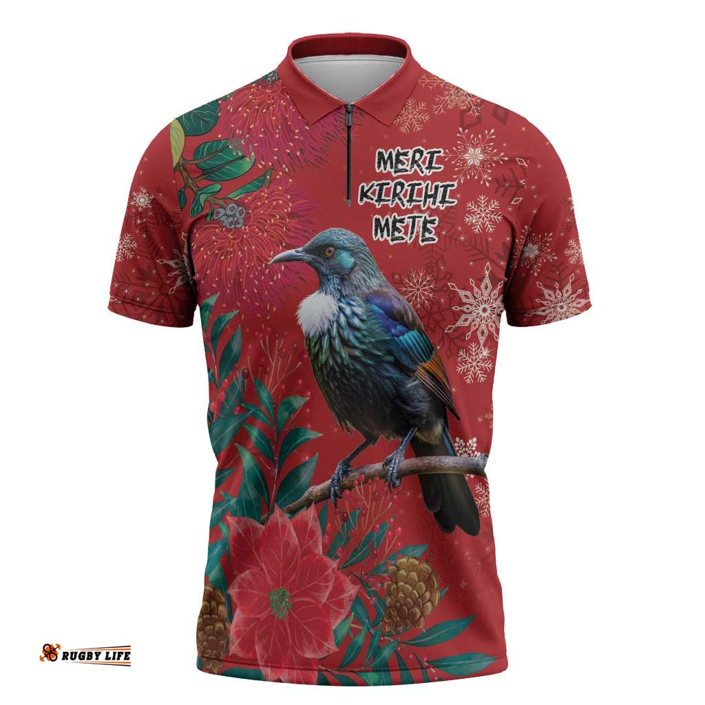 Tui Meri Kirihimete Personalised Zipper Polo Shirt Pohutukawa Flowers Red Motif LT9