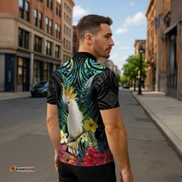 Sulphur-crested Cockatoo New Zealand Zipper Polo Shirt Paua Shell Aotearoa Maori Tropical Flowers LT14