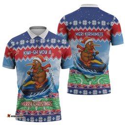 New Zealand Christmas Zipper Polo Shirt Funny Jet Ride Kiwi Xmas LT05