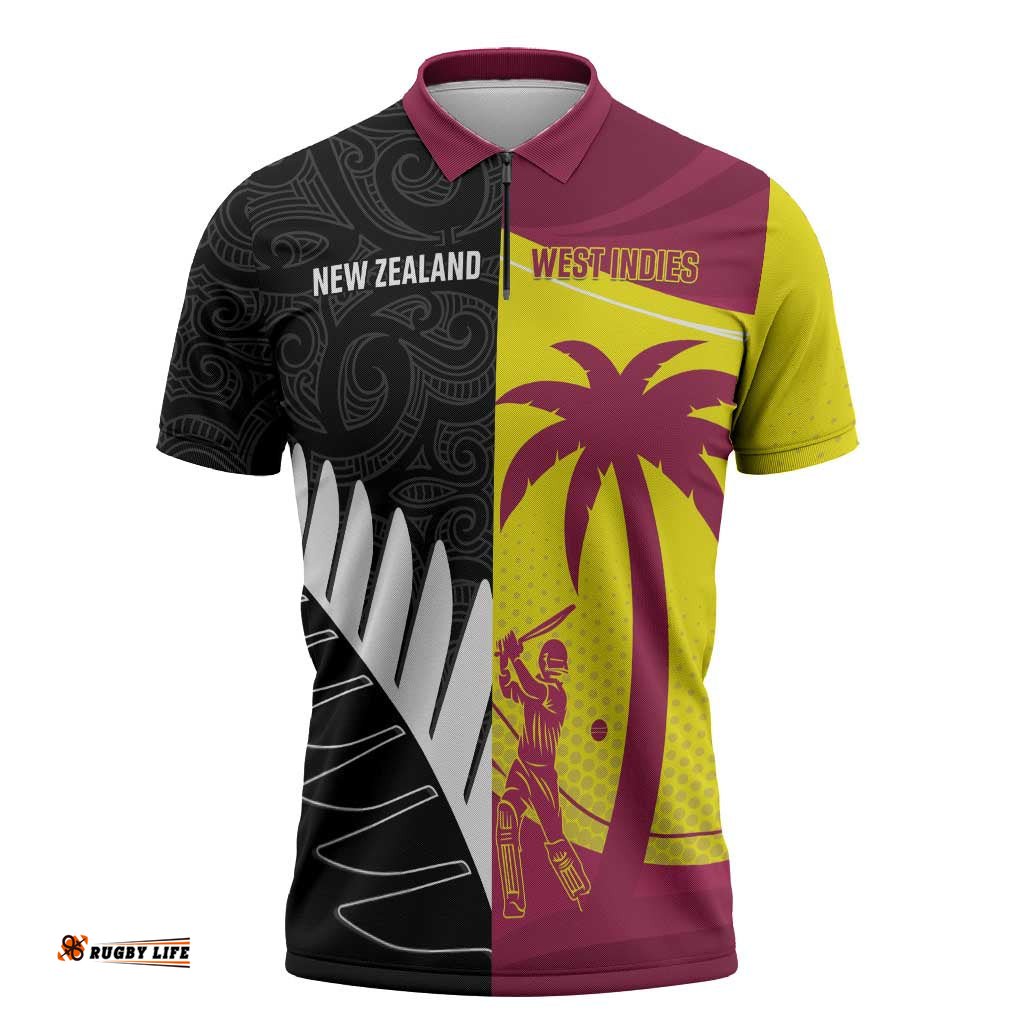 New Zealand and West Indies Cricket Custom Zipper Polo Shirt Black Cap Windies Together LT14