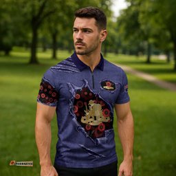 Personalised ANZAC Day Zipper Polo Shirt Poppy Flowers Ripped Fabric Effect DT05