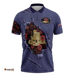 Personalised ANZAC Day Zipper Polo Shirt Poppy Flowers Ripped Fabric Effect DT05