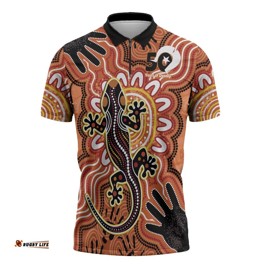 Personalised Australia Lizard NAIDOC Week 2026 Zipper Polo Shirt 50 Years of Deadly Aboriginal Art LT14