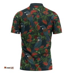 New Zealand Christmas Zipper Polo Shirt Romantic Tui Birds on Pohutukawa - Cobalt LT7
