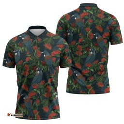 New Zealand Christmas Zipper Polo Shirt Romantic Tui Birds on Pohutukawa - Cobalt LT7