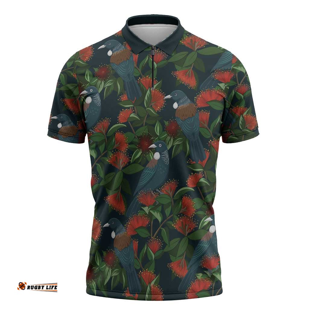 New Zealand Christmas Zipper Polo Shirt Romantic Tui Birds on Pohutukawa - Cobalt LT7