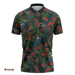 New Zealand Christmas Zipper Polo Shirt Romantic Tui Birds on Pohutukawa - Cobalt LT7
