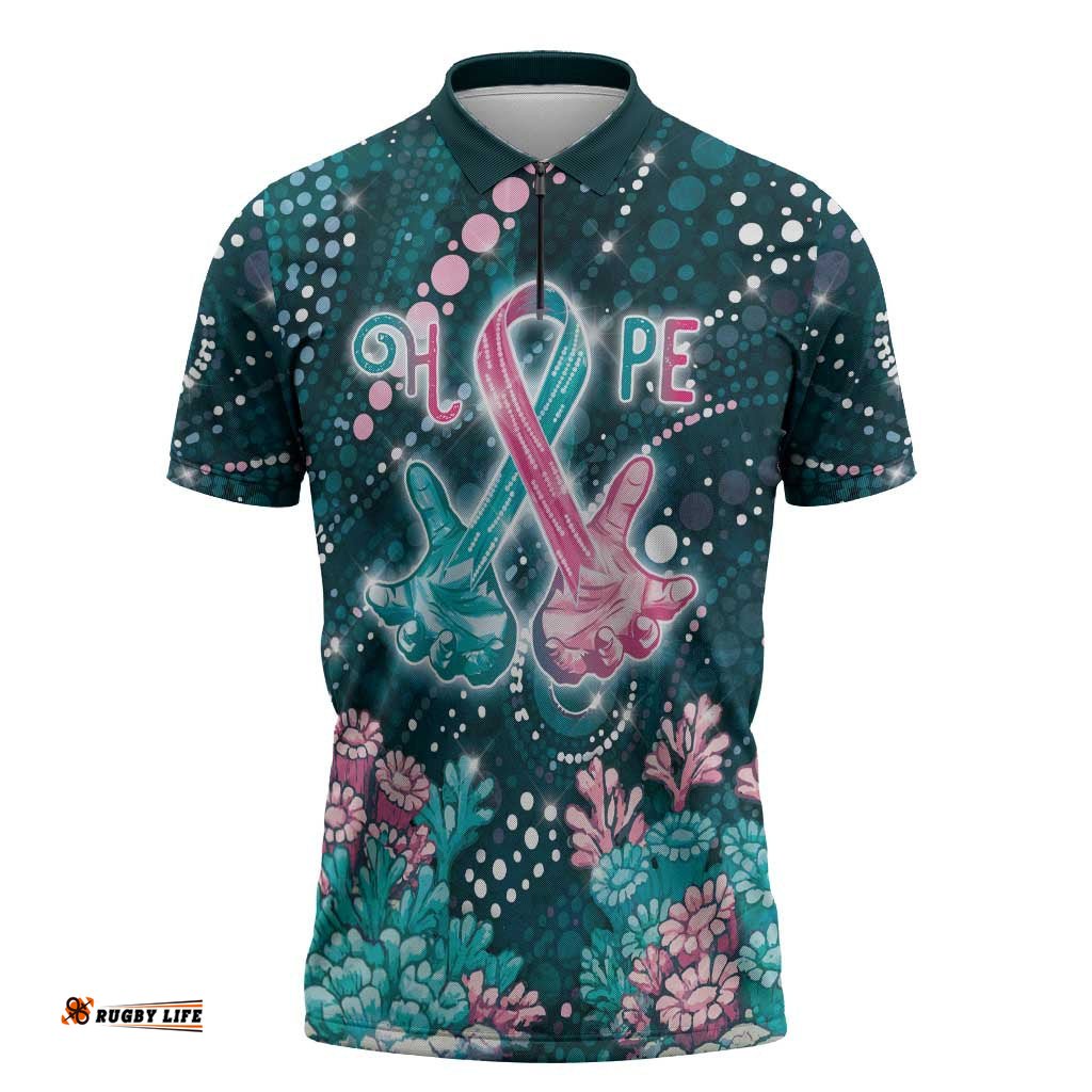 Personalised Hereditary Cancer Awareness Zipper Polo Shirt Hope Ribbon With Aussie Teal Duncan Coral DT05