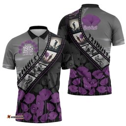Personalised Remembering ANZAC Lest We Forget Zipper Polo Shirt Vintage Film Frame Memorial Purple Poppy LT9