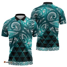 Matariki New Zealand Zipper Polo Shirt NZ Niho Taniwha Maori New Year Cyan Galaxy LT14