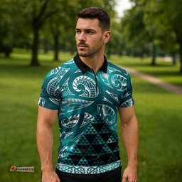 Matariki New Zealand Zipper Polo Shirt NZ Niho Taniwha Maori New Year Cyan Galaxy LT14