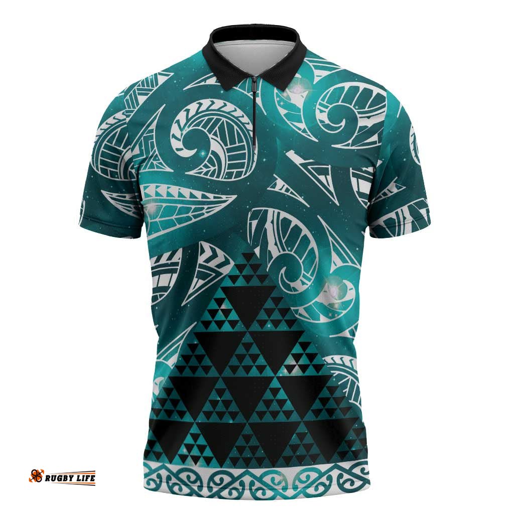 Matariki New Zealand Zipper Polo Shirt NZ Niho Taniwha Maori New Year Cyan Galaxy LT14