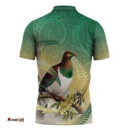 New Zealand Pigeon Kereru Zipper Polo Shirt Maori Fern Art Green Gradient LT05