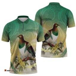 New Zealand Pigeon Kereru Zipper Polo Shirt Maori Fern Art Green Gradient LT05