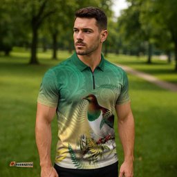 New Zealand Pigeon Kereru Zipper Polo Shirt Maori Fern Art Green Gradient LT05