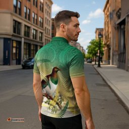 New Zealand Pigeon Kereru Zipper Polo Shirt Maori Fern Art Green Gradient LT05