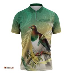 New Zealand Pigeon Kereru Zipper Polo Shirt Maori Fern Art Green Gradient LT05