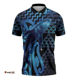 Humpback Whale Matariki New Zealand Zipper Polo Shirt NZ Maori Paikea Poutama Luxury Blue LT14