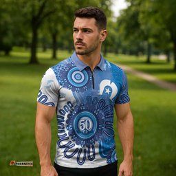 NAIDOC Week 2026 Zipper Polo Shirt 50 Years Deadly Dhari Blue Aboriginal Art LT14