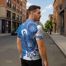NAIDOC Week 2026 Zipper Polo Shirt 50 Years Deadly Dhari Blue Aboriginal Art LT14