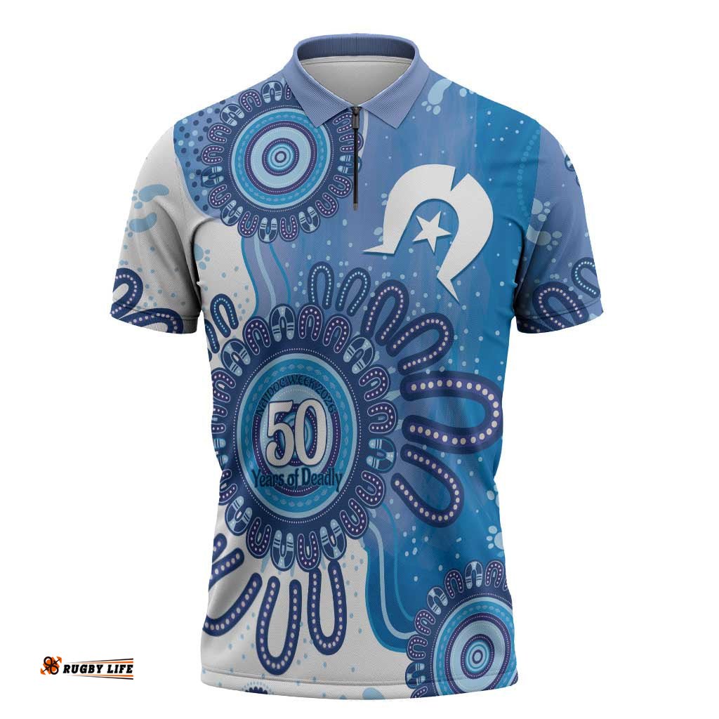 NAIDOC Week 2026 Zipper Polo Shirt 50 Years Deadly Dhari Blue Aboriginal Art LT14