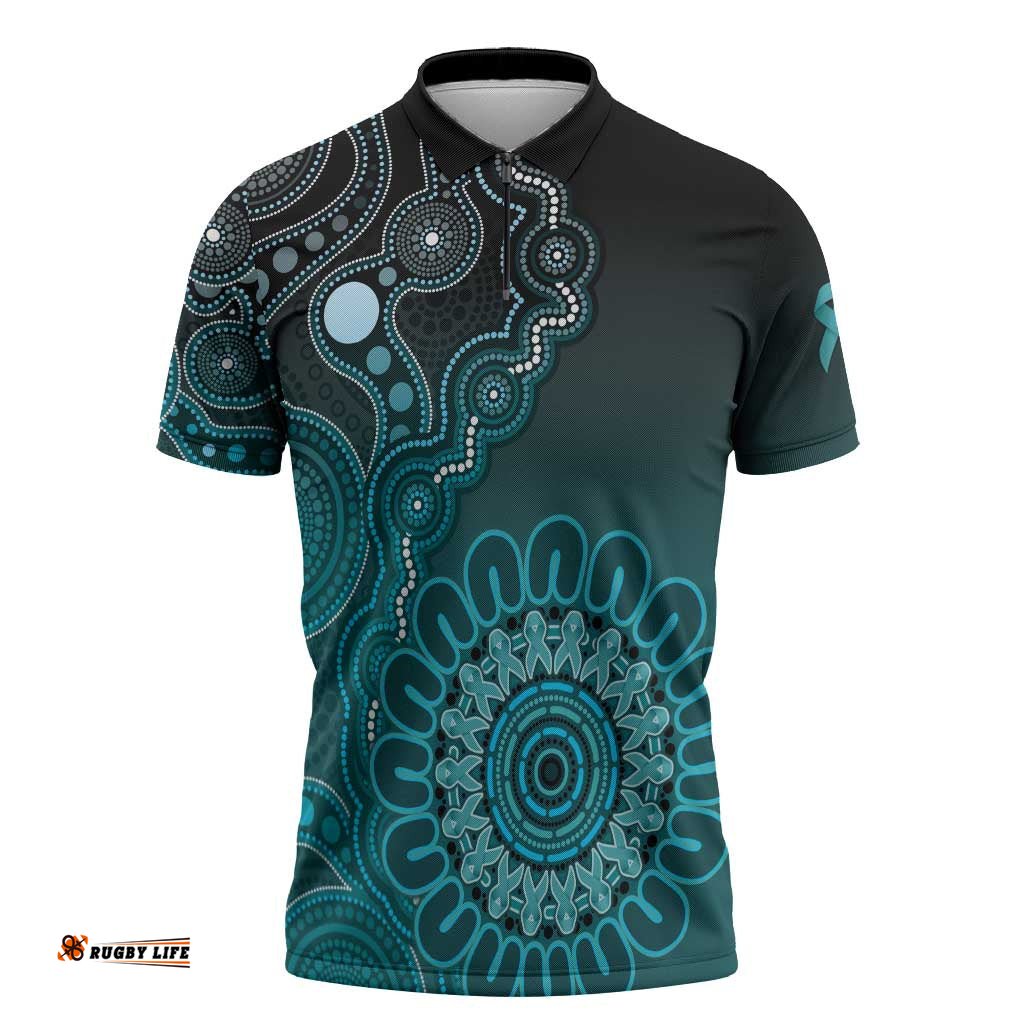 Personalised Ovarian Cancer Awareness Zipper Polo Shirt Teal Ribbon Aboriginal Art LT05