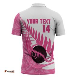 New Zealand Lawn Bowls Breast Cancer Custom Zipper Polo Shirt Aotearoa Maori Silver Fern Pink Ribbon LT14