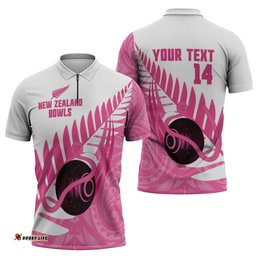 New Zealand Lawn Bowls Breast Cancer Custom Zipper Polo Shirt Aotearoa Maori Silver Fern Pink Ribbon LT14