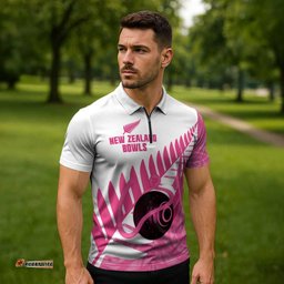 New Zealand Lawn Bowls Breast Cancer Custom Zipper Polo Shirt Aotearoa Maori Silver Fern Pink Ribbon LT14